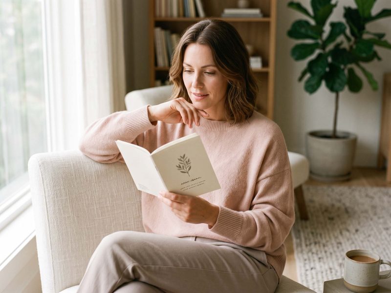 Woman reading an educational booklet in a bright home setting