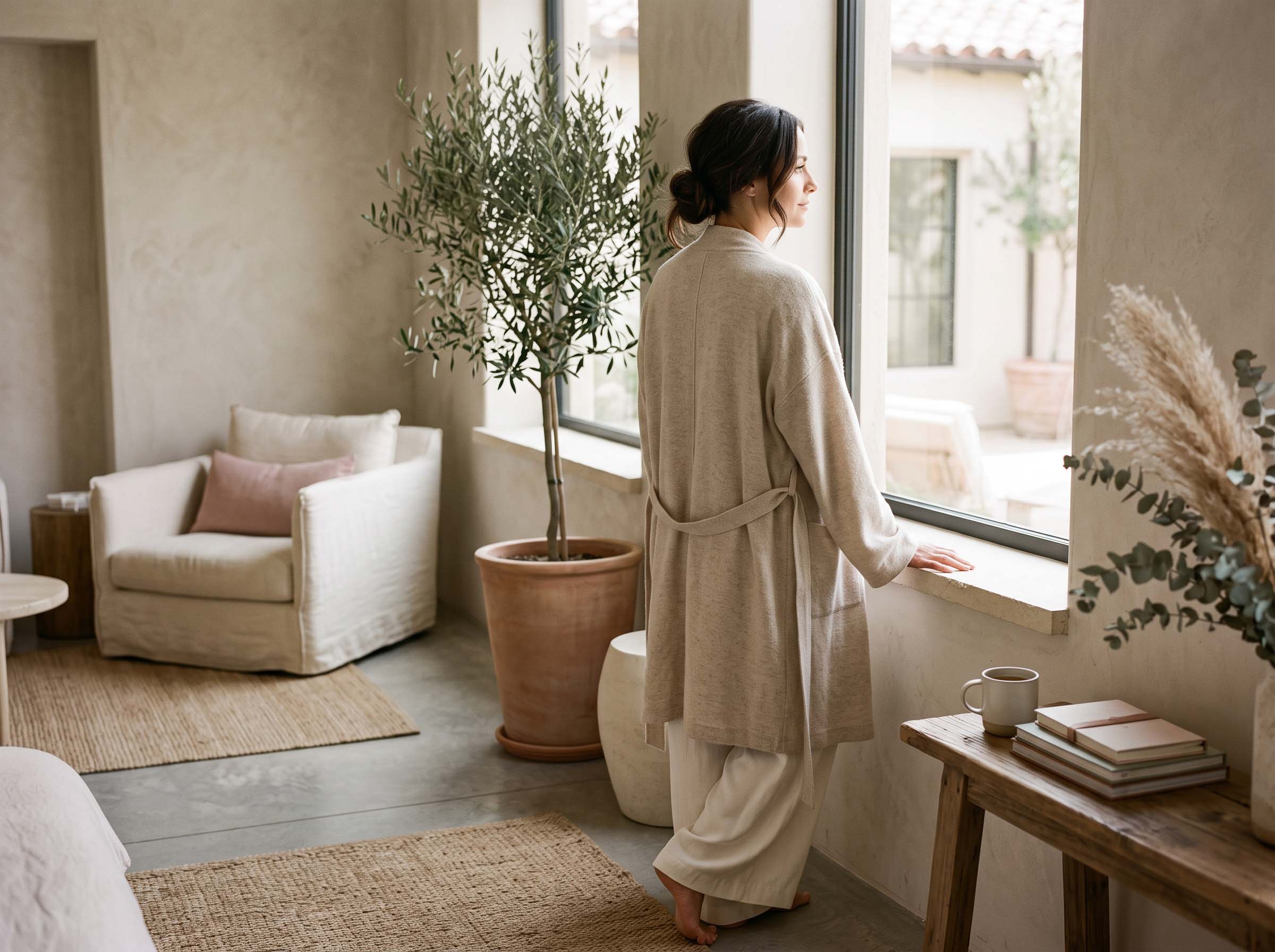 Woman in profile in a calm neutral spa-like environment