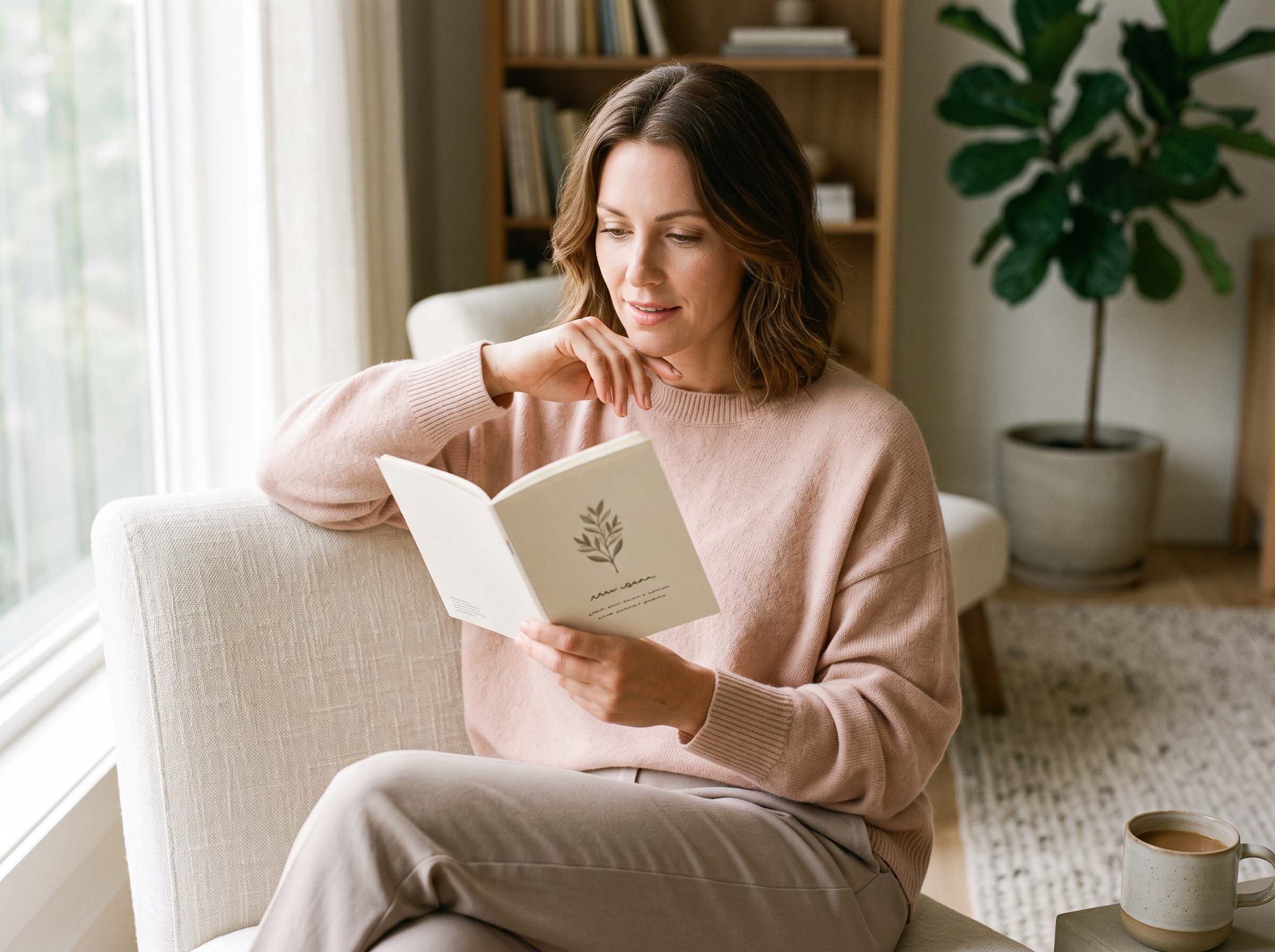 Woman reading an educational booklet in a bright home setting