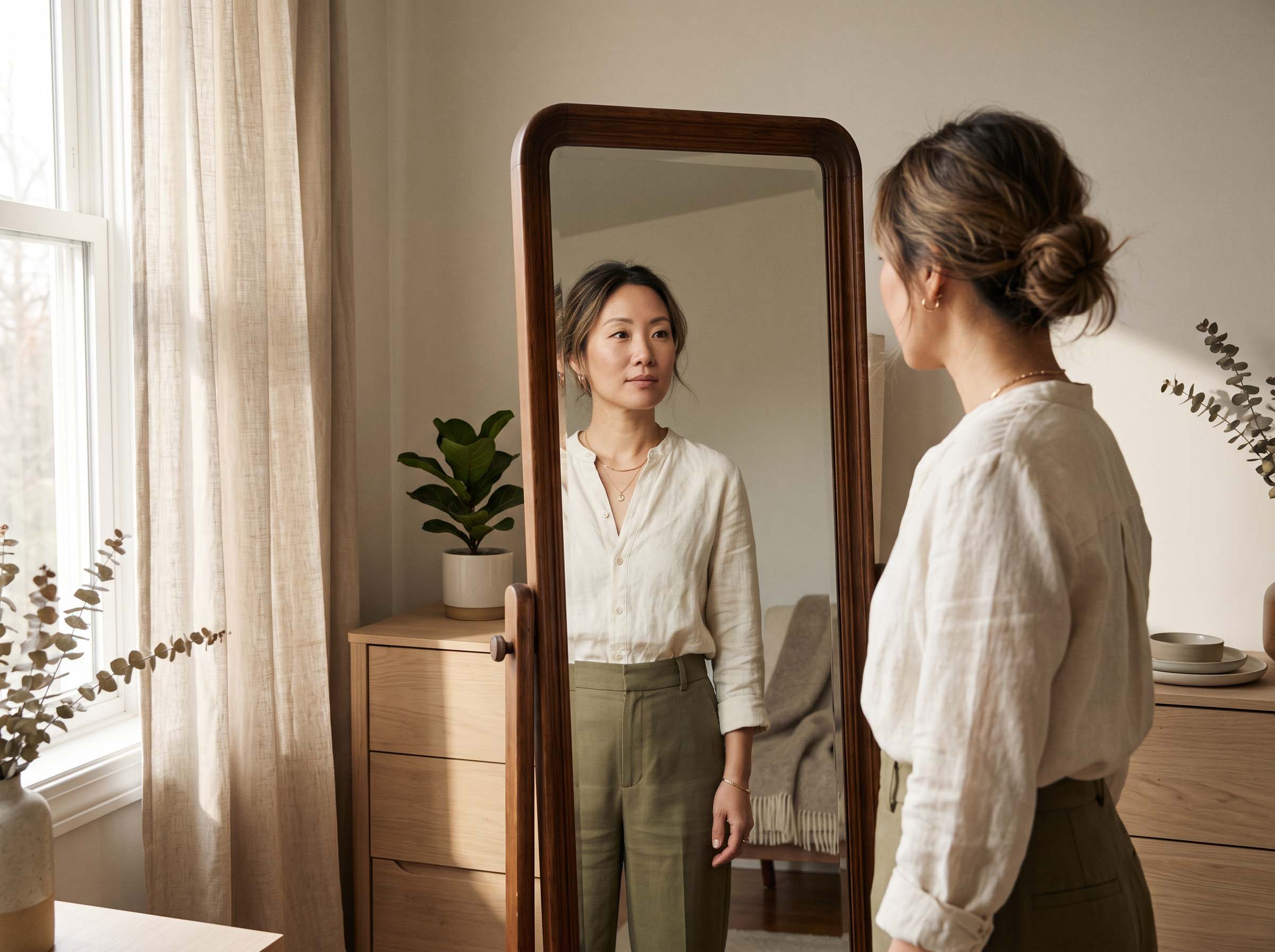 Woman looking thoughtfully into a mirror in a private, softly lit room